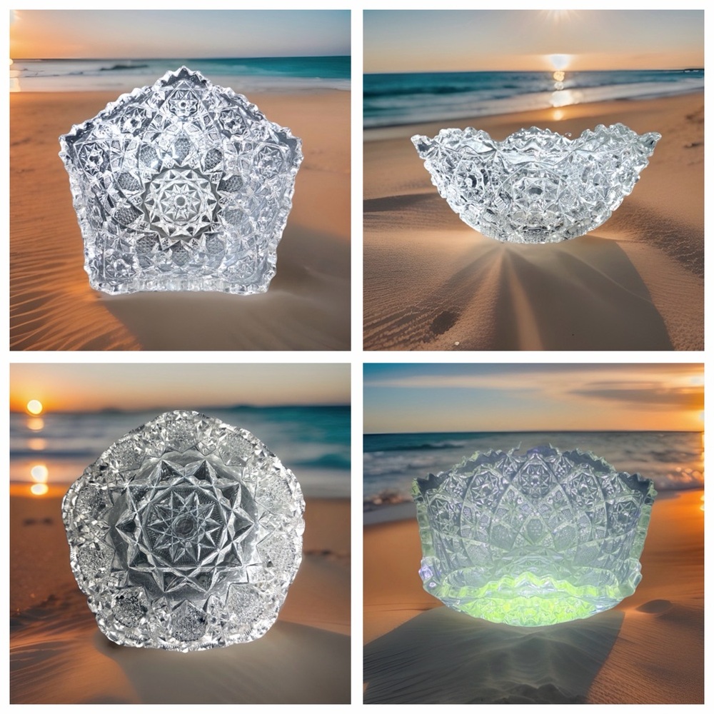 RARE~ Antique Pressed Glass Hobstar Sawtooth 9" Crystal Bowl Pentagonal-MINT